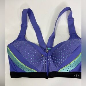VSX Purple Sports Bra with Mint Accents, Front Zip Racerback size 34B